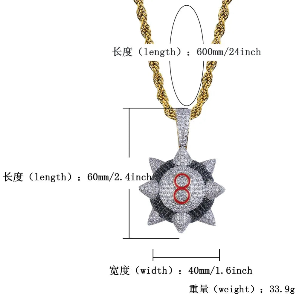 TOPGRILLZ New Iced out Trippieredd Inspired Spike 8-ball Billiard  Pendant Necklace With Tennis Chain Hip hop Jewelry