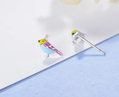 Cute 925 Sterling Silver Colorful Bird Stud Earrings For Kids Children Girl Lovely Animal Sterling-silver-jewelry