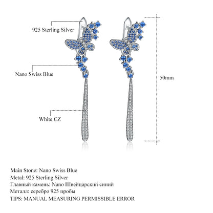 GEM'S BALLET Nano Swiss Blue Long Drop Earrings 925 Sterling Sliver Vintage Punk Gothic Earrings For Women Fashion Party Jewelry