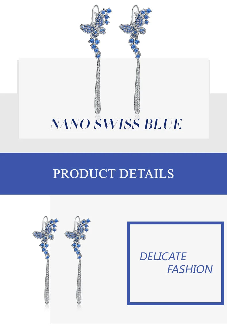 GEM'S BALLET Nano Swiss Blue Long Drop Earrings 925 Sterling Sliver Vintage Punk Gothic Earrings For Women Fashion Party Jewelry
