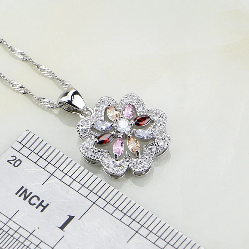 Flower Multicolor Zircon 925 Silver Jewelry Sets For Women Wedding Earrings/Pendant/Ring/Bracelet/Necklace Set