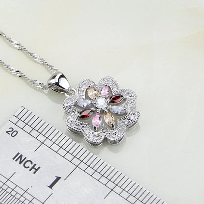 Flower Multicolor Zircon 925 Silver Jewelry Sets For Women Wedding Earrings/Pendant/Ring/Bracelet/Necklace Set