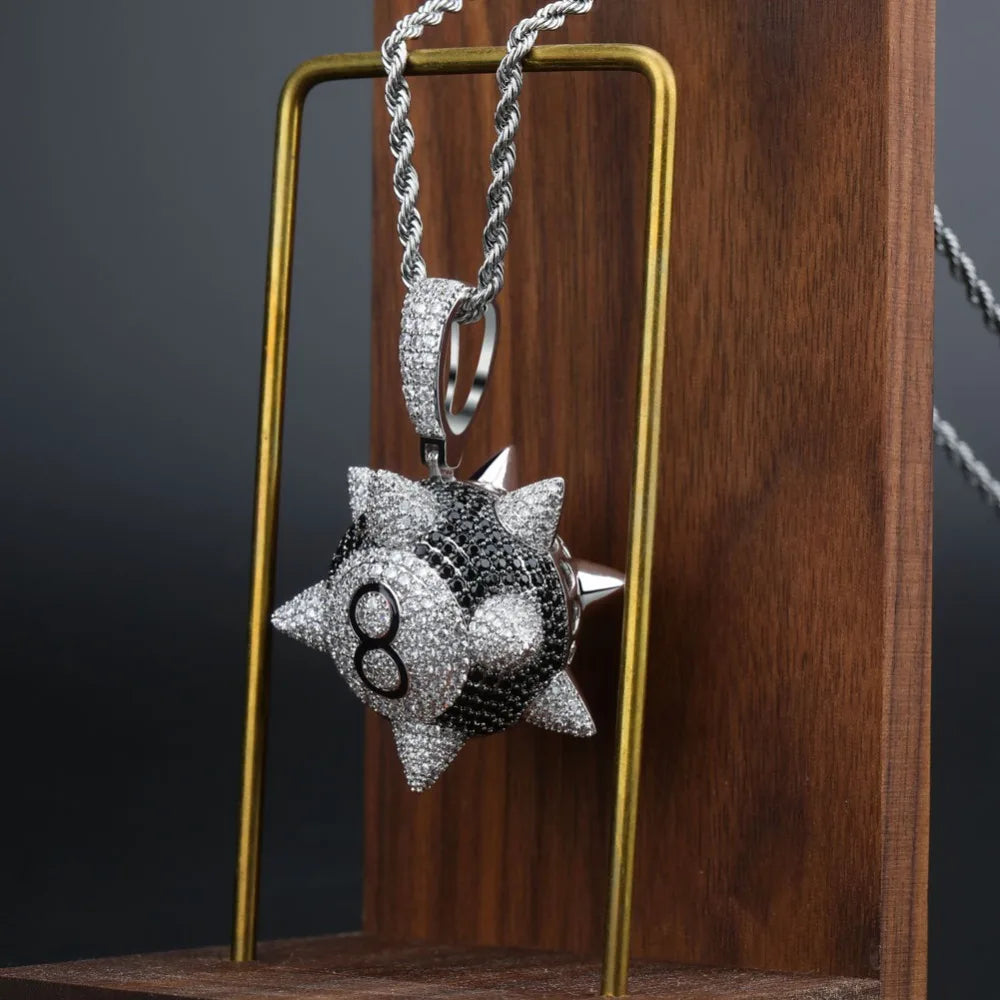 TOPGRILLZ New Iced out Trippieredd Inspired Spike 8-ball Billiard  Pendant Necklace With Tennis Chain Hip hop Jewelry