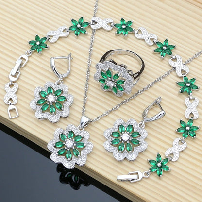 Flower Multicolor Zircon 925 Silver Jewelry Sets For Women Wedding Earrings/Pendant/Ring/Bracelet/Necklace Set