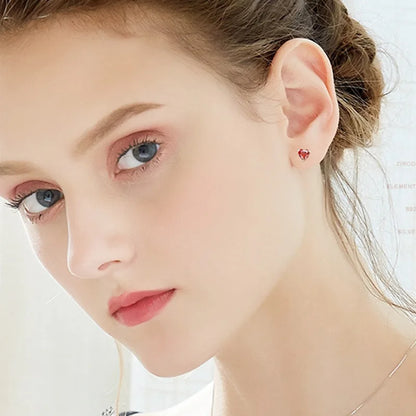 Buyee 925 Sterling Silver Small Stud Earring Light RED CRYSTAL Simple Heart Earring for Woman Fashion Party Fine Jewelry Earring