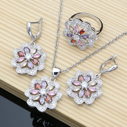 Flower Multicolor Zircon 925 Silver Jewelry Sets For Women Wedding Earrings/Pendant/Ring/Bracelet/Necklace Set