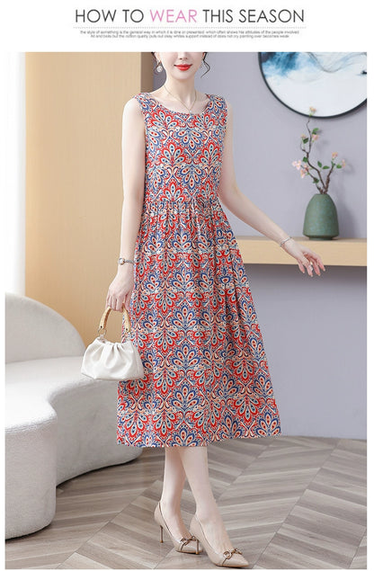 New Arrival Noil Poplin Dress Women's Summer Plus Size Ladieswear Classy Western Style Artificial Cotton Tall Sleeveless Dress Outwear