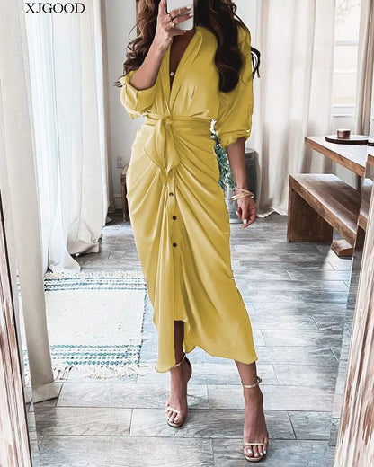 V-neck Button Print Long Dress Woman V Neck Button Printed Long Dress Female