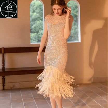 Sexy Sequin Bead Dress Host Retro Banquet Party Stage Nightclub Gatsby Tassel Dress
