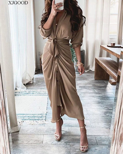 V-neck Button Print Long Dress Woman V Neck Button Printed Long Dress Female
