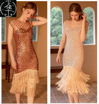 Sexy Sequin Bead Dress Host Retro Banquet Party Stage Nightclub Gatsby Tassel Dress