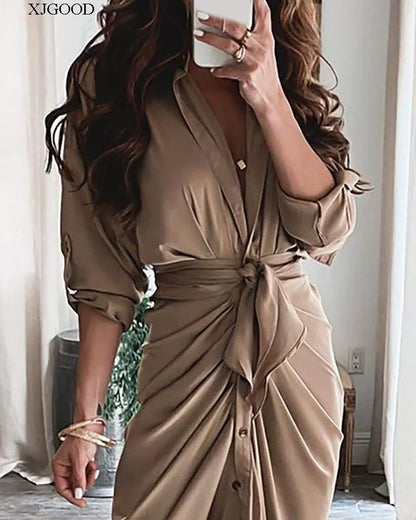 V-neck Button Print Long Dress Woman V Neck Button Printed Long Dress Female