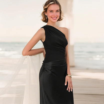 European and American New Solid Oblique Collar Sleeveless Backless Sheath Evening dress Dress Women Party Dress