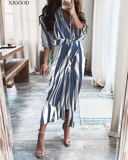 V-neck Button Print Long Dress Woman V Neck Button Printed Long Dress Female