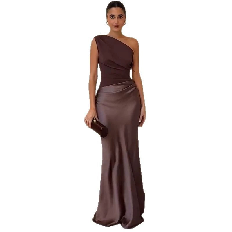 European and American New Solid Oblique Collar Sleeveless Backless Sheath Evening dress Dress Women Party Dress
