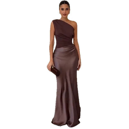 European and American New Solid Oblique Collar Sleeveless Backless Sheath Evening dress Dress Women Party Dress