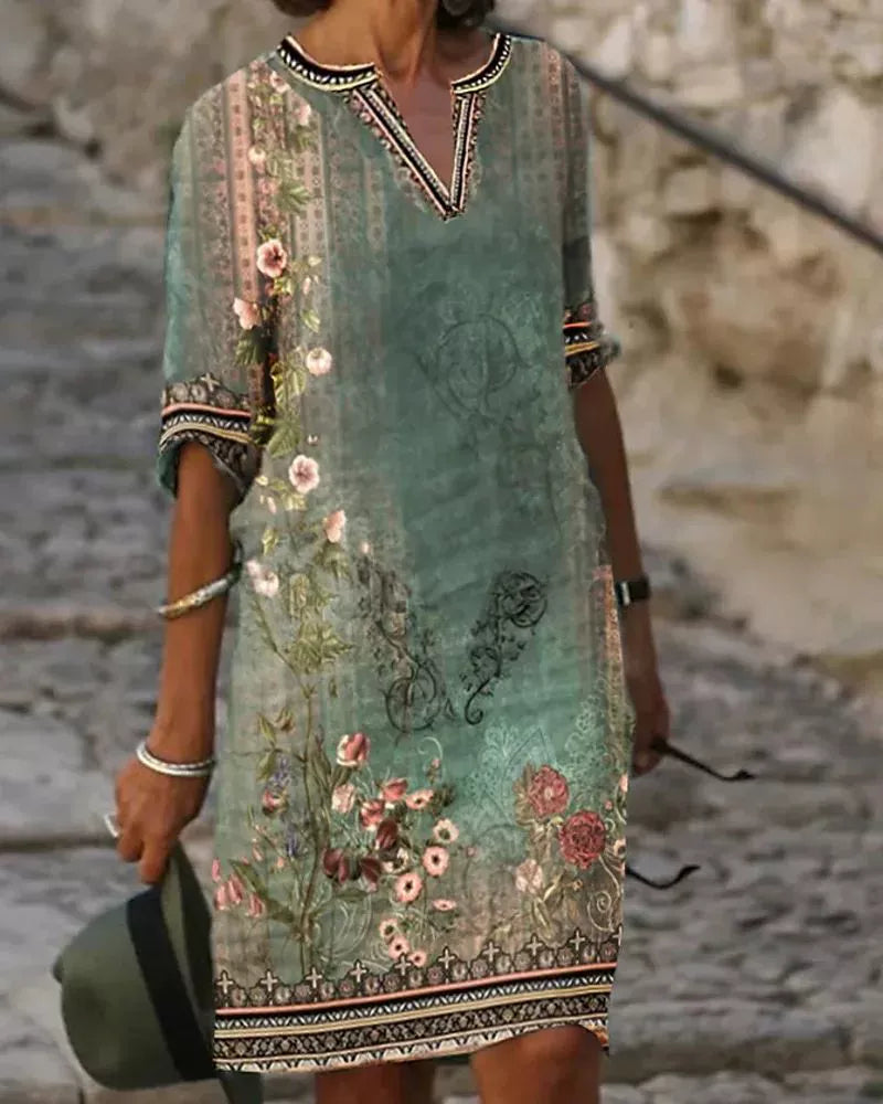 Printed V-neck Short Sleeve Women's Printed V-neck Short Sleeve Loose Dress