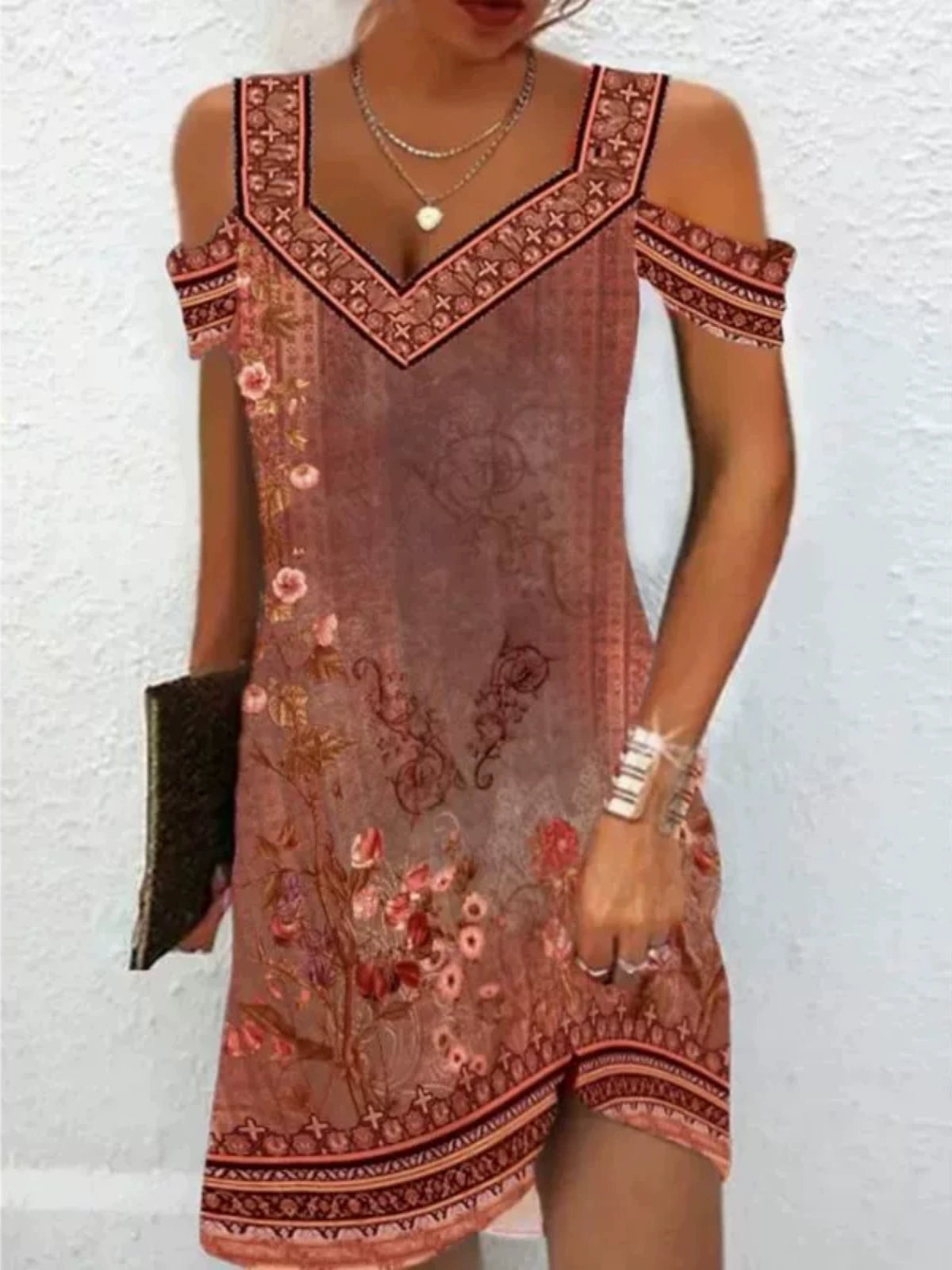 Printed V-neck Short Sleeve Women's Printed V-neck Short Sleeve Loose Dress