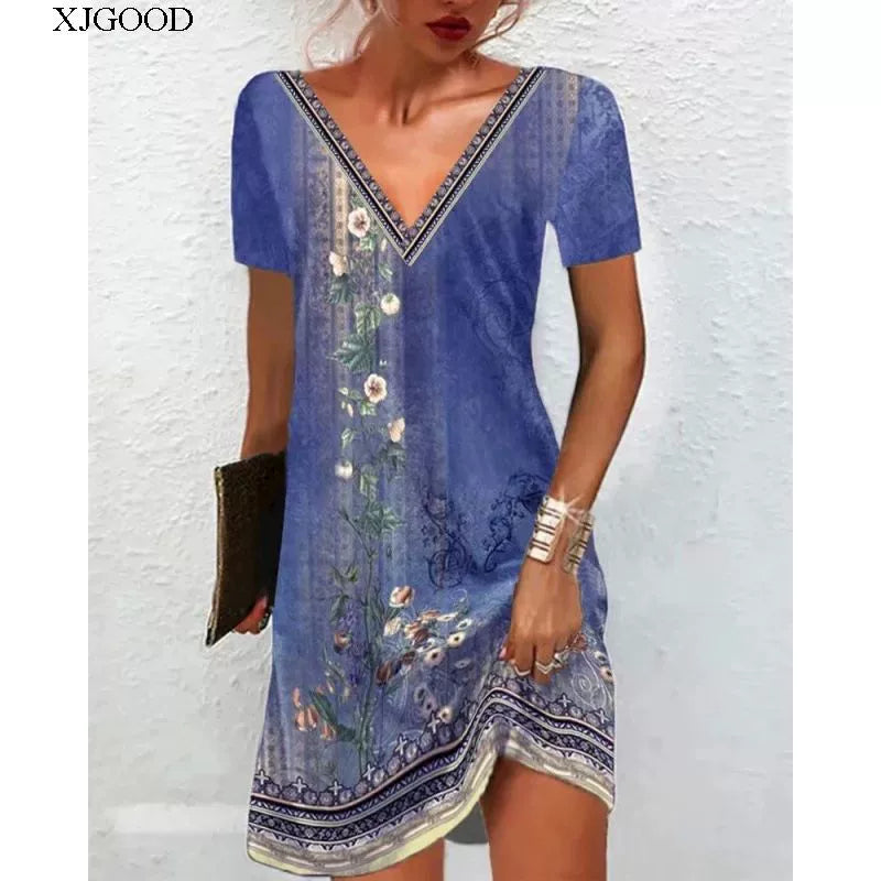 Printed V-neck Short Sleeve Women's Printed V-neck Short Sleeve Loose Dress