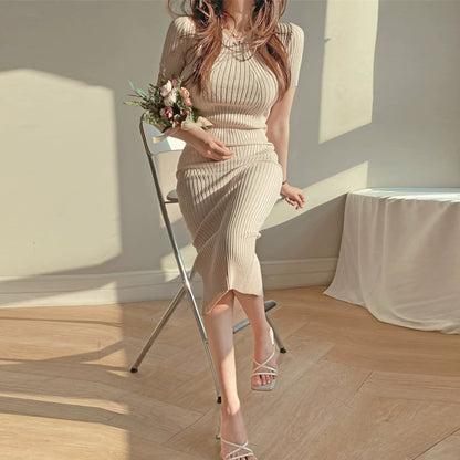 Ice Silk Midi Slit Slim-Fitting Knitted Dress