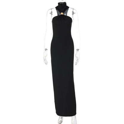 Outfitgirl Fashion Style Ins New Arrival Elegant Halter Tube Top Dress Black over-the-Knee Slim Looking Date Dress
