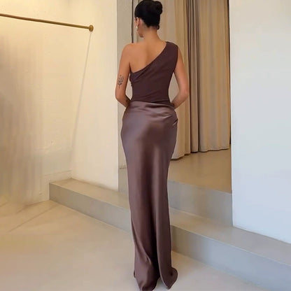European and American New Solid Oblique Collar Sleeveless Backless Sheath Evening dress Dress Women Party Dress
