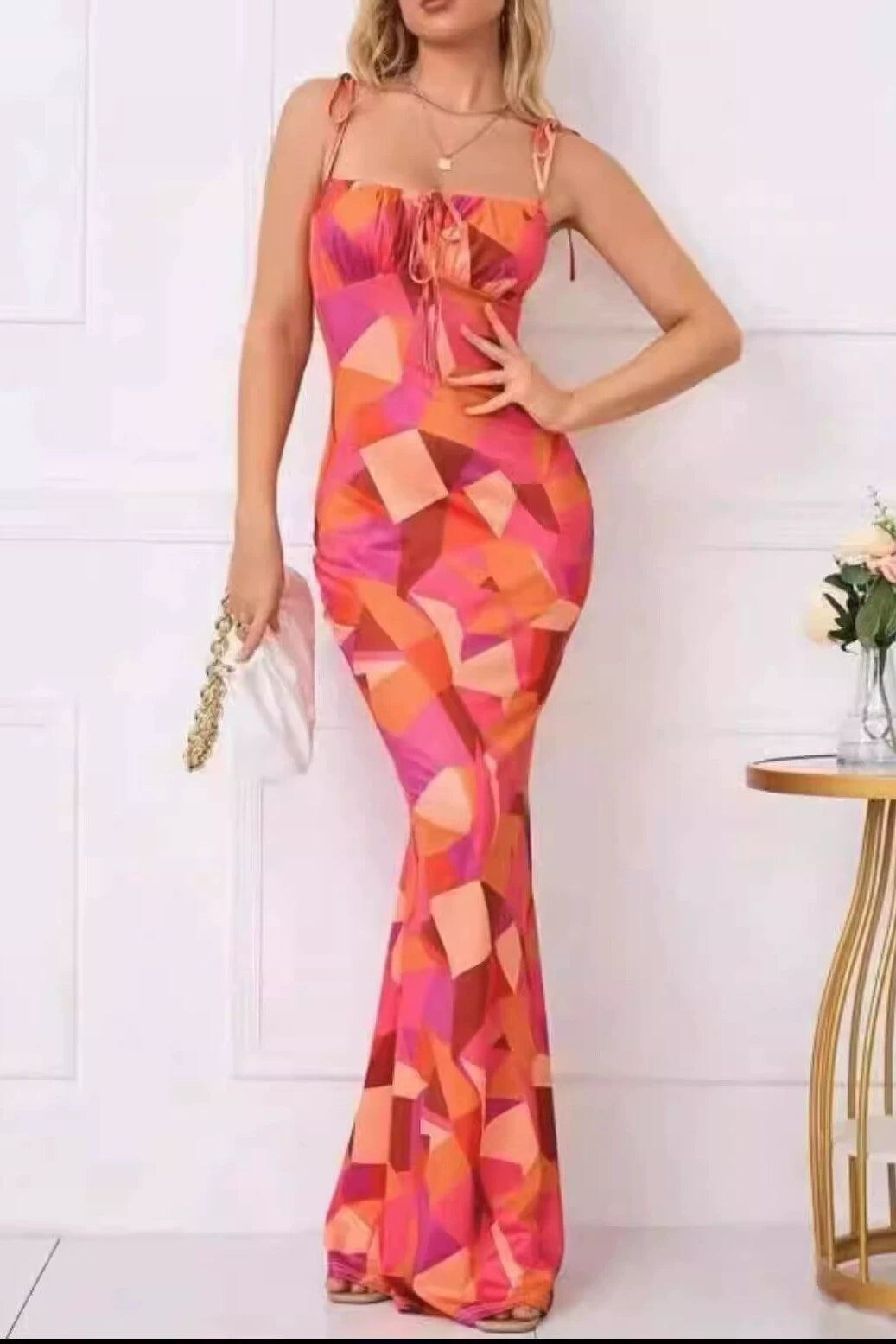 Export Pure Desire Exquisite Print Spaghetti Straps Slimming Adult Lady like Woman Fishtail Stylish Fashion Sexy Banquet Tied Dress