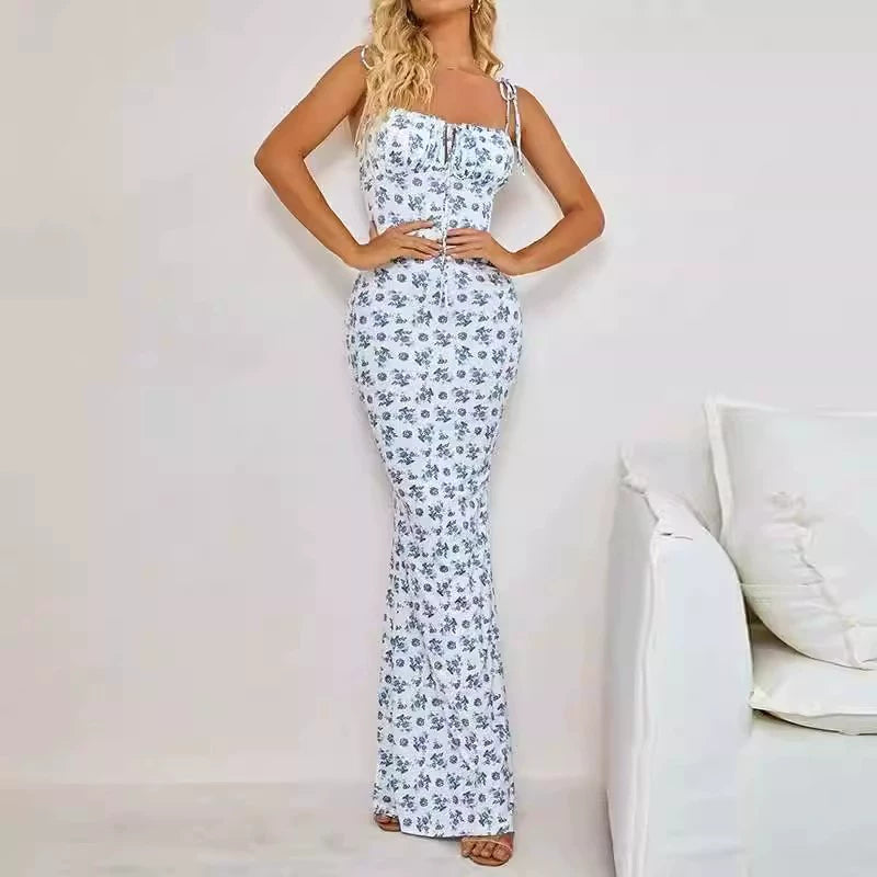 Export Pure Desire Exquisite Print Spaghetti Straps Slimming Adult Lady like Woman Fishtail Stylish Fashion Sexy Banquet Tied Dress