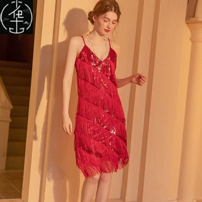 Sexy Sequin Bead Dress Host Retro Banquet Party Stage Nightclub Gatsby Tassel Dress