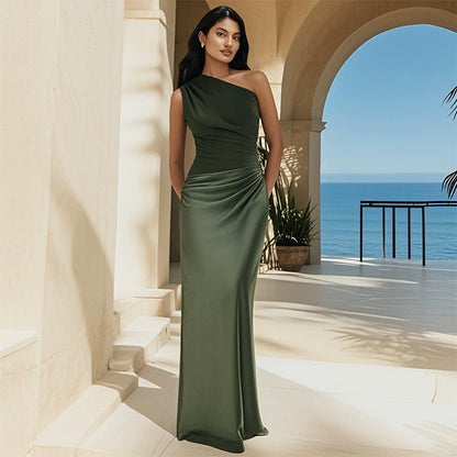 European and American New Solid Oblique Collar Sleeveless Backless Sheath Evening dress Dress Women Party Dress