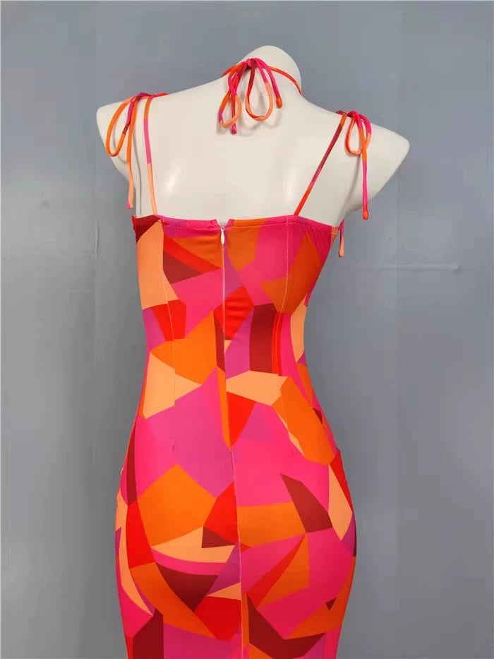 Export Pure Desire Exquisite Print Spaghetti Straps Slimming Adult Lady like Woman Fishtail Stylish Fashion Sexy Banquet Tied Dress