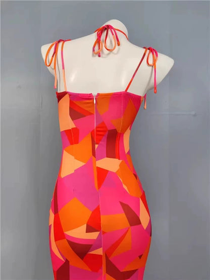 Export Pure Desire Exquisite Print Spaghetti Straps Slimming Adult Lady like Woman Fishtail Stylish Fashion Sexy Banquet Tied Dress