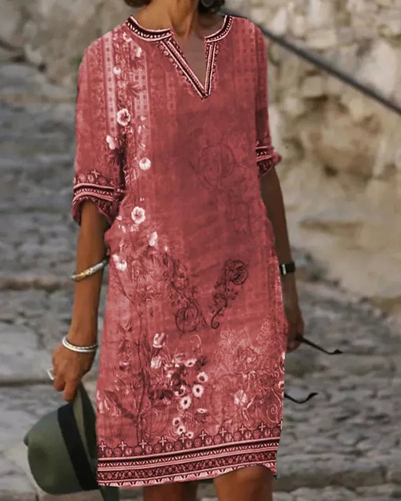Printed V-neck Short Sleeve Women's Printed V-neck Short Sleeve Loose Dress