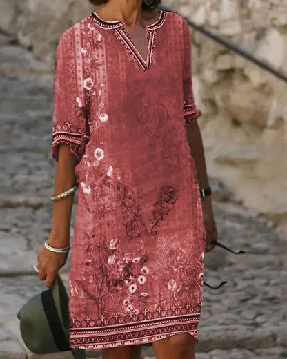 Printed V-neck Short Sleeve Women's Printed V-neck Short Sleeve Loose Dress