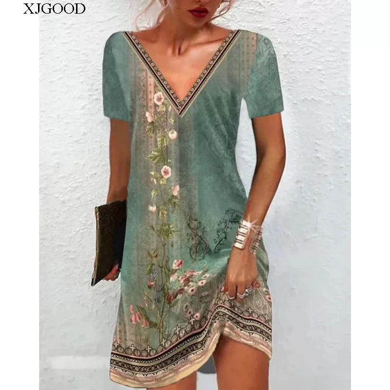 Printed V-neck Short Sleeve Women's Printed V-neck Short Sleeve Loose Dress
