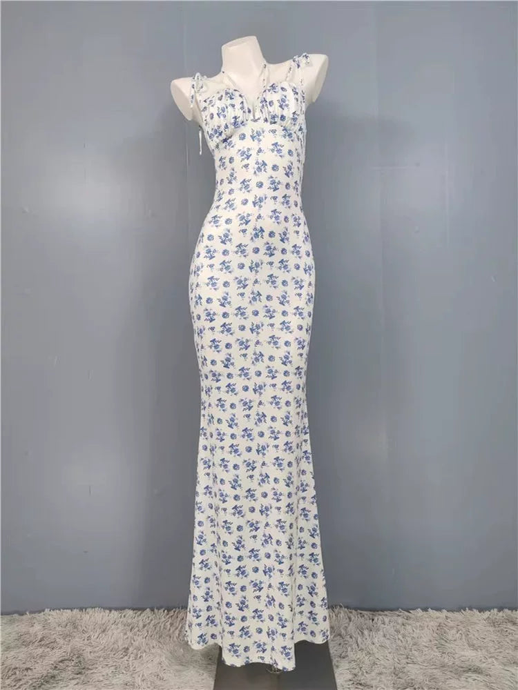 Export Pure Desire Exquisite Print Spaghetti Straps Slimming Adult Lady like Woman Fishtail Stylish Fashion Sexy Banquet Tied Dress