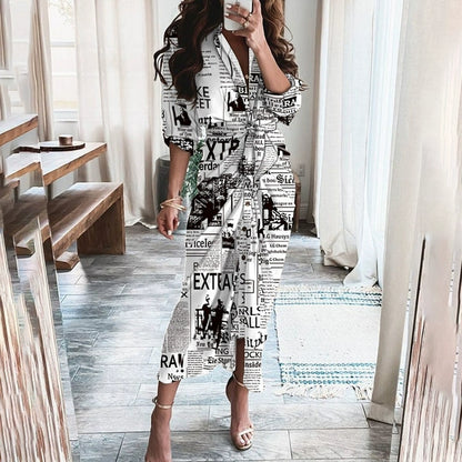 V-neck Button Print Long Dress Woman V Neck Button Printed Long Dress Female