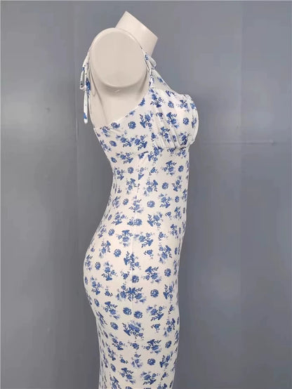 Export Pure Desire Exquisite Print Spaghetti Straps Slimming Adult Lady like Woman Fishtail Stylish Fashion Sexy Banquet Tied Dress