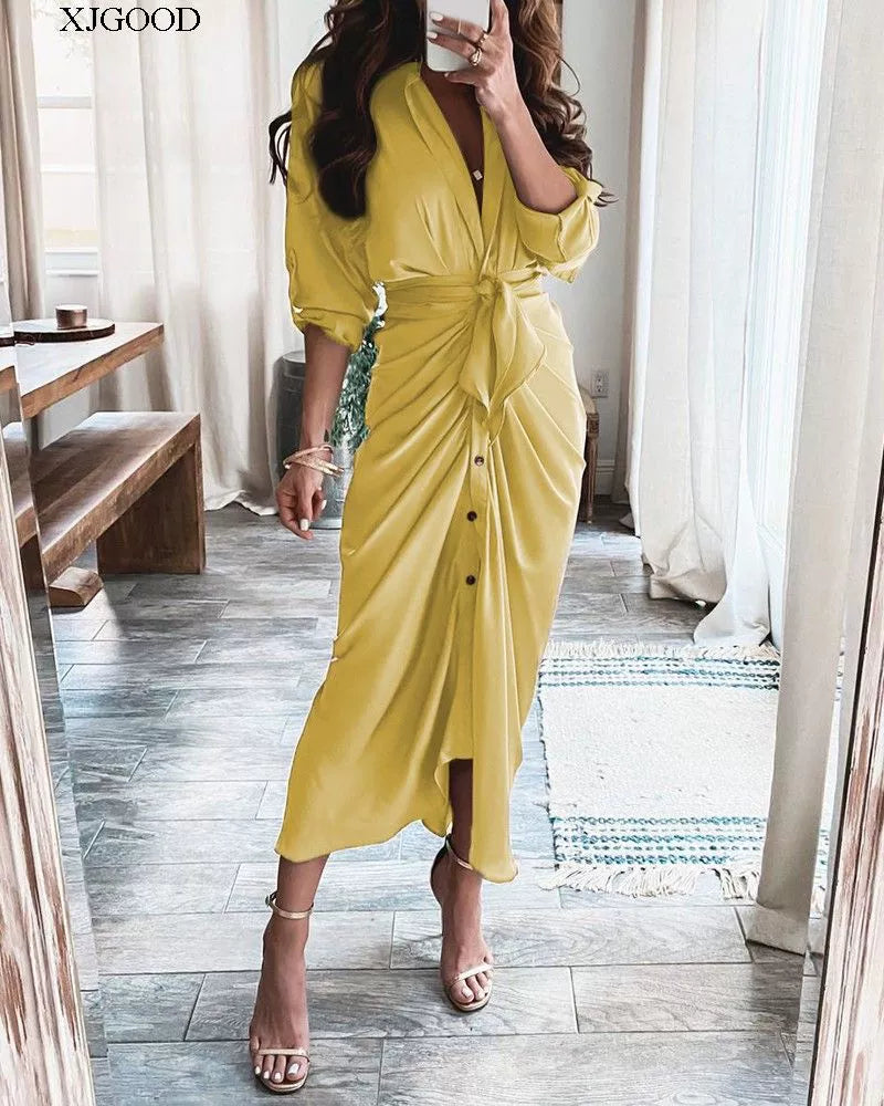 V-neck Button Print Long Dress Woman V Neck Button Printed Long Dress Female