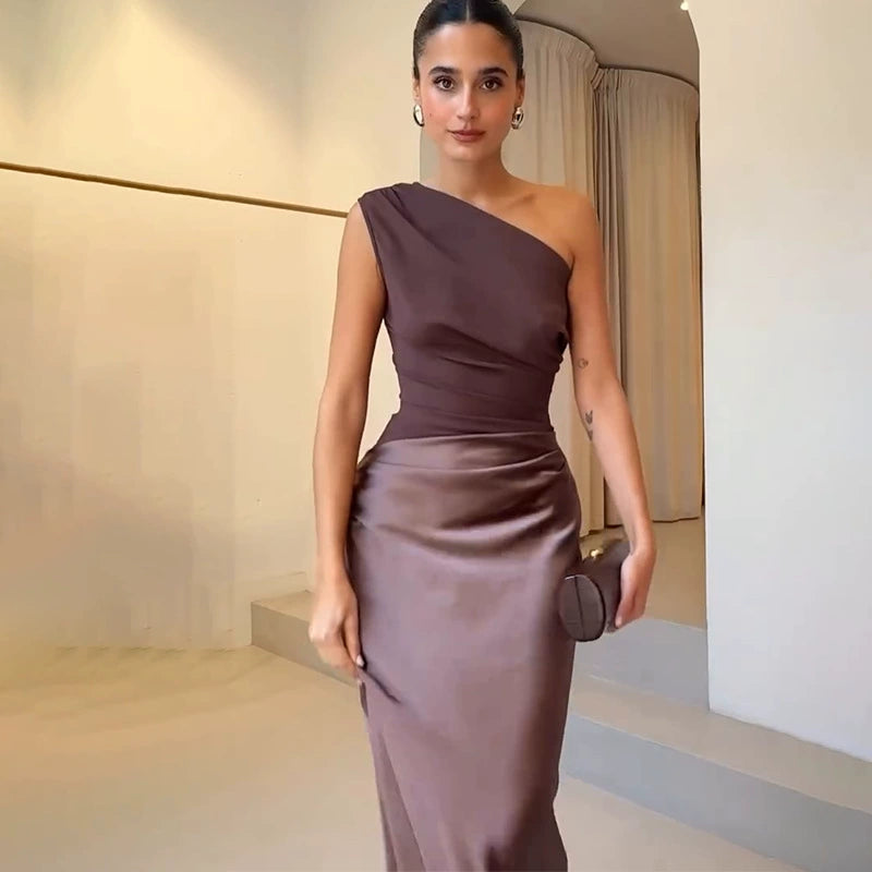 European and American New Solid Oblique Collar Sleeveless Backless Sheath Evening dress Dress Women Party Dress