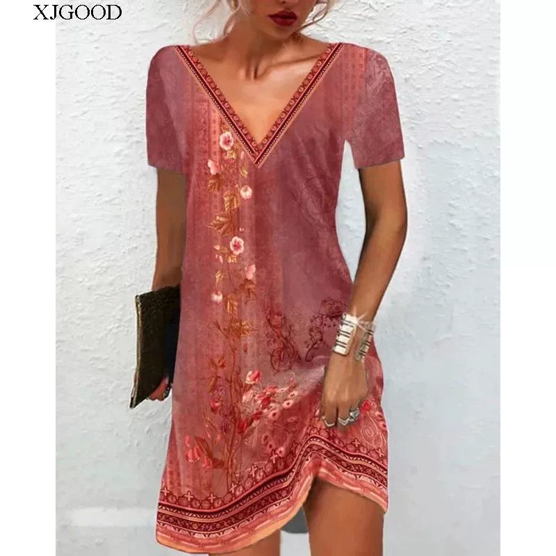 Printed V-neck Short Sleeve Women's Printed V-neck Short Sleeve Loose Dress