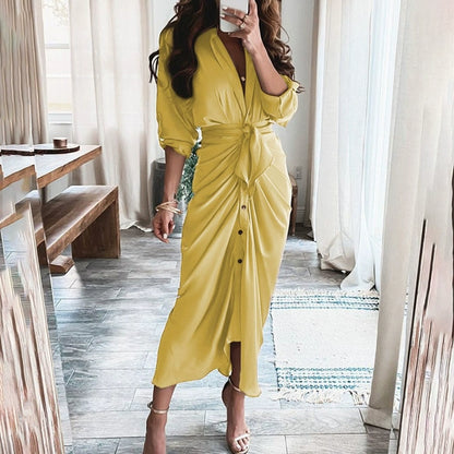V-neck Button Print Long Dress Woman V Neck Button Printed Long Dress Female