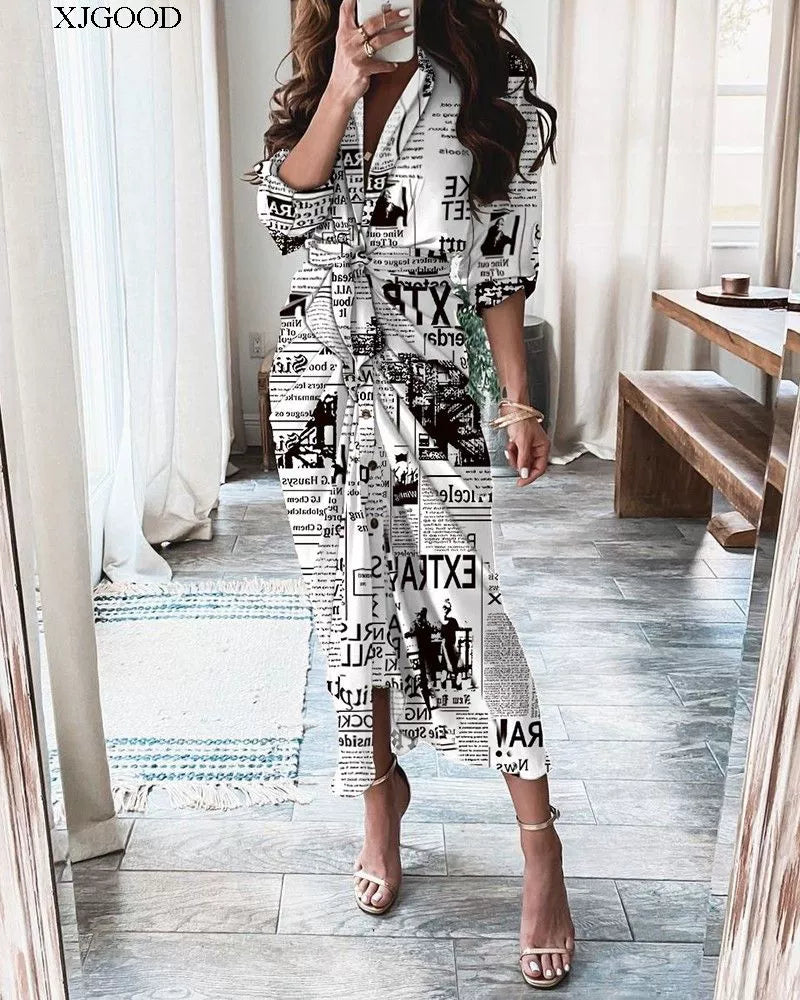V-neck Button Print Long Dress Woman V Neck Button Printed Long Dress Female