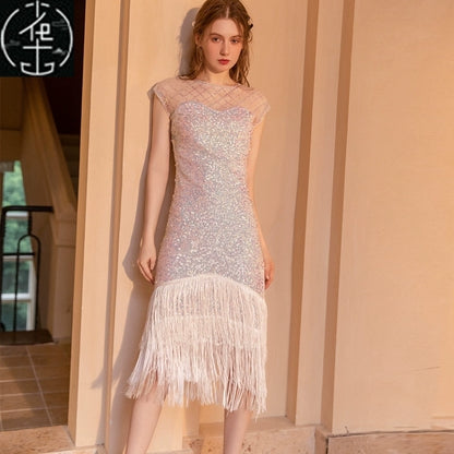 Sexy Sequin Bead Dress Host Retro Banquet Party Stage Nightclub Gatsby Tassel Dress