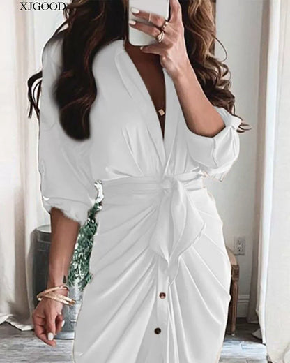 V-neck Button Print Long Dress Woman V Neck Button Printed Long Dress Female