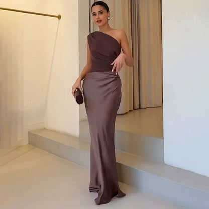 European and American New Solid Oblique Collar Sleeveless Backless Sheath Evening dress Dress Women Party Dress