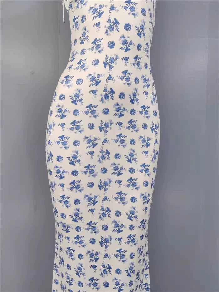 Export Pure Desire Exquisite Print Spaghetti Straps Slimming Adult Lady like Woman Fishtail Stylish Fashion Sexy Banquet Tied Dress