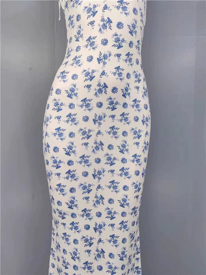 Export Pure Desire Exquisite Print Spaghetti Straps Slimming Adult Lady like Woman Fishtail Stylish Fashion Sexy Banquet Tied Dress