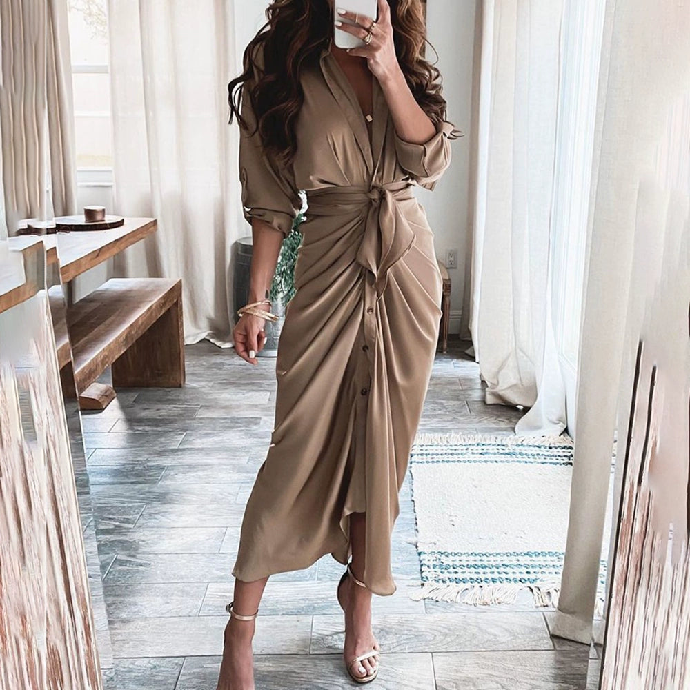 V-neck Button Print Long Dress Woman V Neck Button Printed Long Dress Female