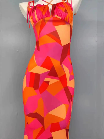 Export Pure Desire Exquisite Print Spaghetti Straps Slimming Adult Lady like Woman Fishtail Stylish Fashion Sexy Banquet Tied Dress